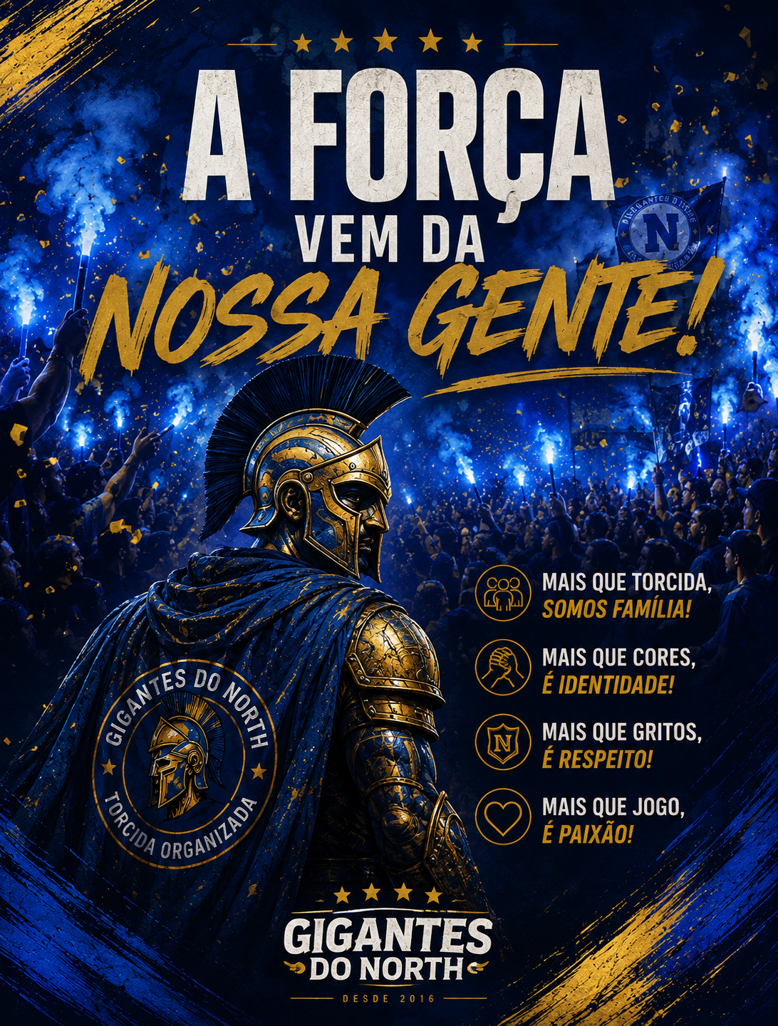 Torcida Gigantes do North na arquibancada com bandeiras e fumaça azul